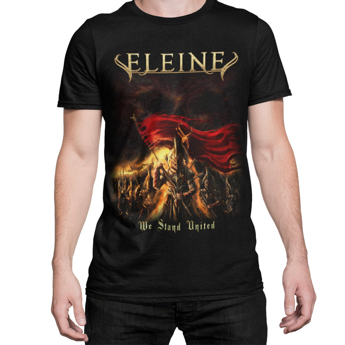 Black t-shirt with 'Eleine' graphic design featuring a warrior and red banner.